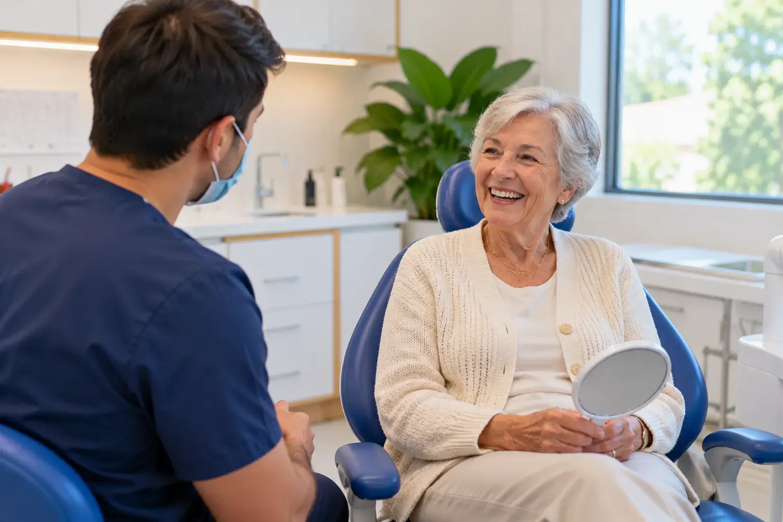 An older patient chatting in the dental chair